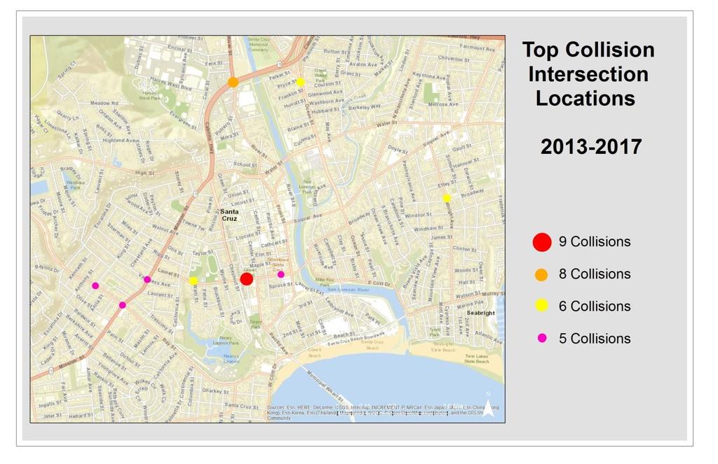 Highest Injury Collision Mid-block Locations 2013 2017 (All Modes) 1. Beach St from Riverside Ave to Cliff St 6 crashes 2. Municipal Wharf from end to Beach St 6 crashes 3. State Hwy 1 from River St.