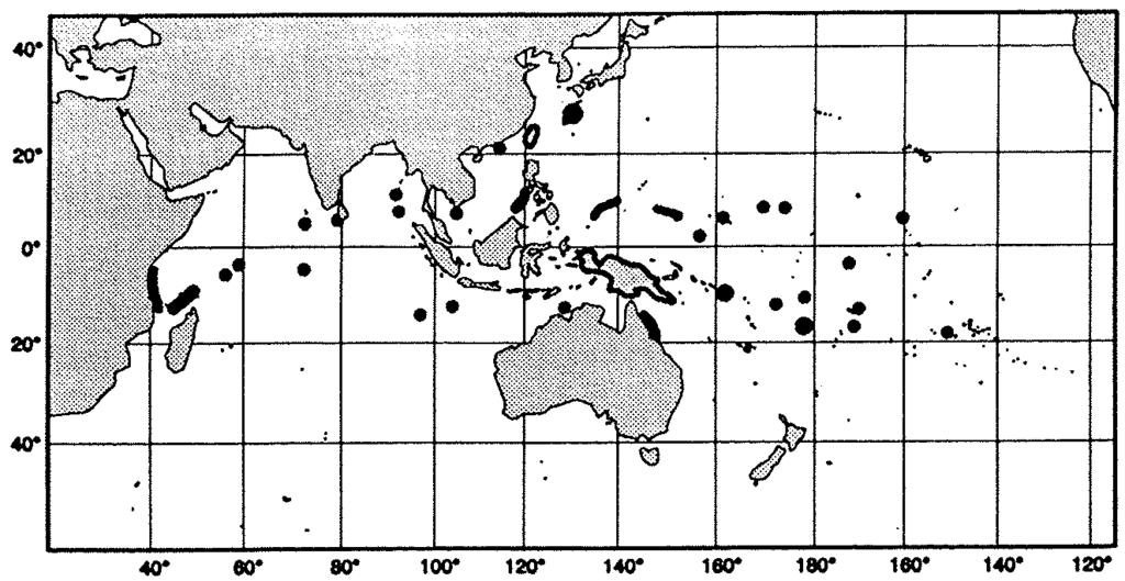 Taiwan, Okinawa, Papua New Guinea, northern Australia, and most islands of the west-central Pacific. C. leopardus is absent from the Red Sea and Persian Gulf (Fig. 90).