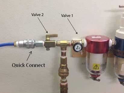 (b) Turn off the air flow to the spectrometer by shutting valve 2 as indicated in figure 3 below. Note: the valve is closed when it is perpendicular to the air lines.