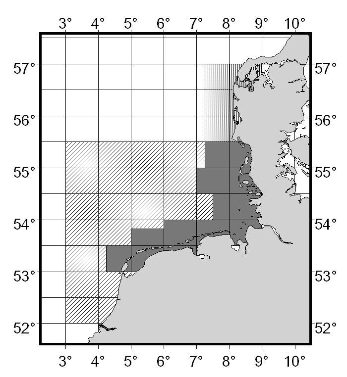 Figure 6.1. Map showing the areas from which the proportion of undersized Plaice in the Box was estimated. The dark shaded area represents the Plaice Box area.