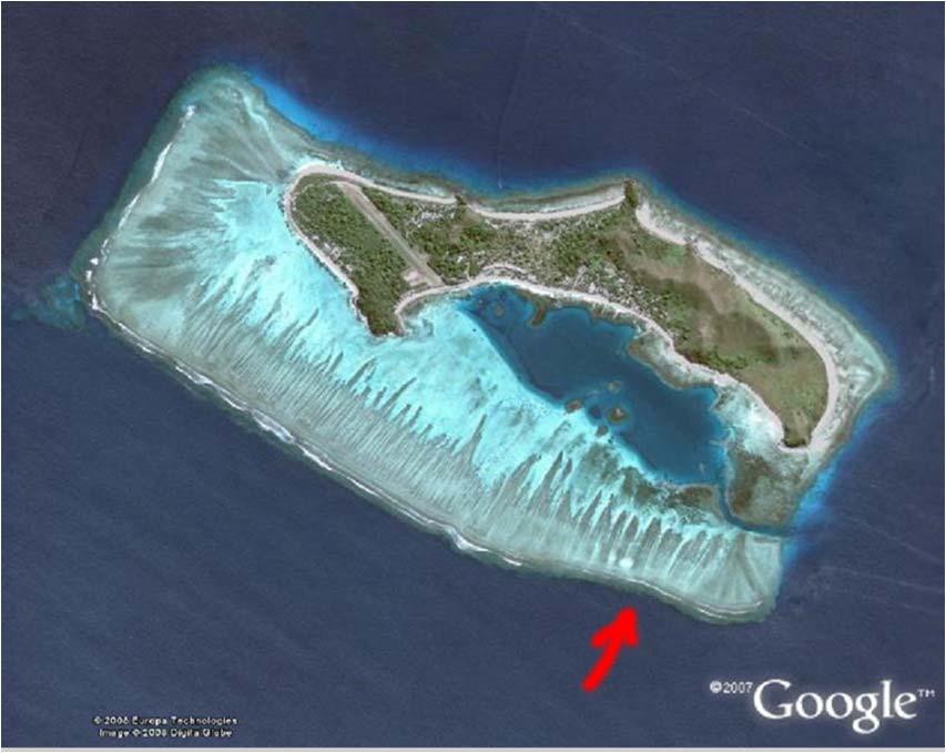 Figure 3: Mana Island, Fiji: Displaying Platform Reef (red) and Fringing Reef (black) (From Google Maps) The fringing reefs protect coastal areas from wave action by causing waves to break and