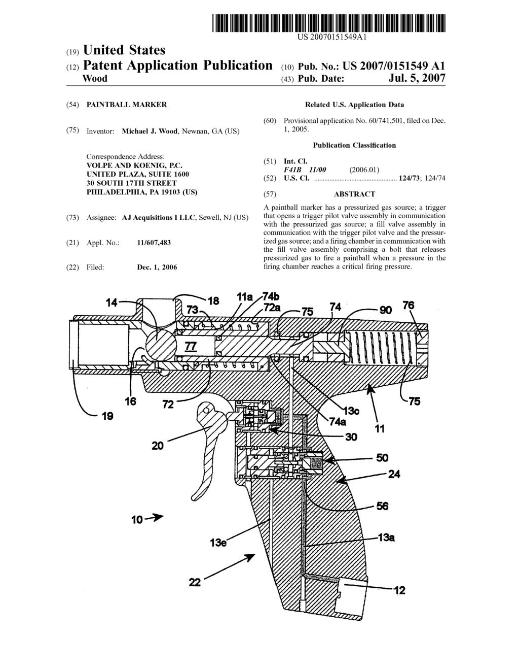US 20070151549A1 (19) United States (12) Patent Application Publication (10) Pub. No.: US 2007/0151549 A1 WOOd (43) Pub. Date: Jul. 5, 2007 (54) PAINTBALL MARKER Related U.S. Application Data (60) Provisional application No.