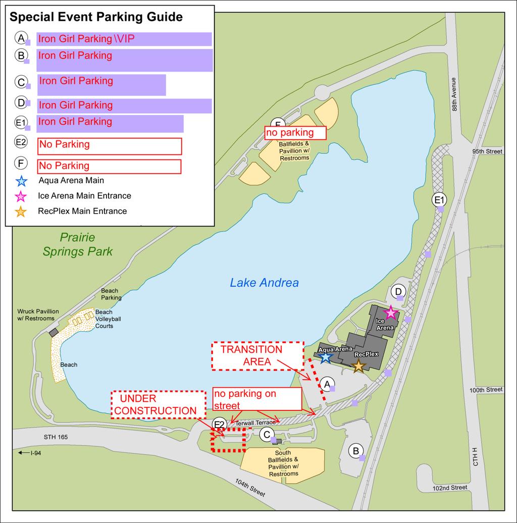 Parking Information Parking Race Day The race begins and ends at the RecPlex (9900 Terwall Terrace Pleasant Prairie, WI 53158). Race day parking is available from 5:00 a.m. until 6:30 a.m. or until the parking area in the park has reached capacity.