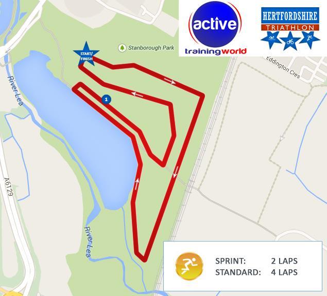 Run Course Standard Distance 4 laps Sprint Distance - 2 laps 2016 Hertfordshire Triathlon Spring Starting from the transition area contestants will run two/four laps of 2.5km around the park and lake.