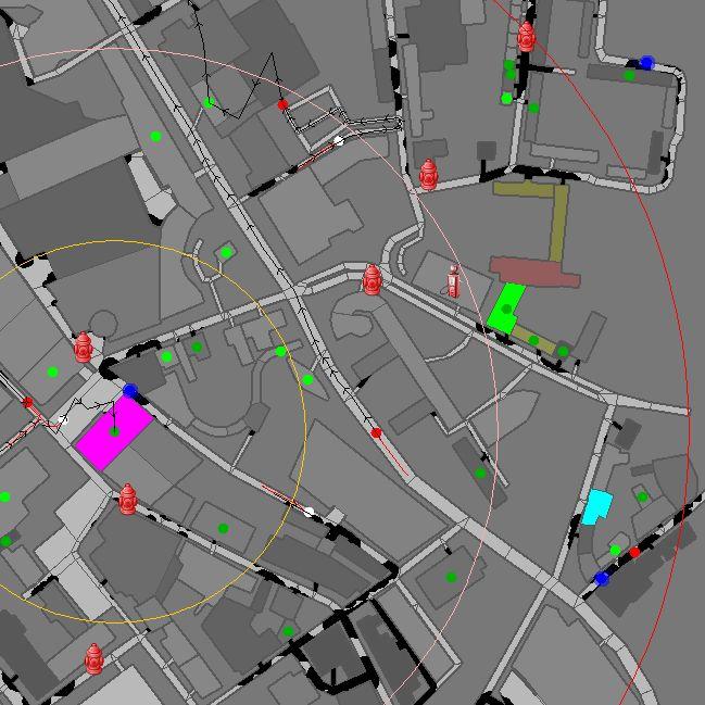 Fig 3. Layers between civilian s building (pink) and nearest building that has fire (green) 4.