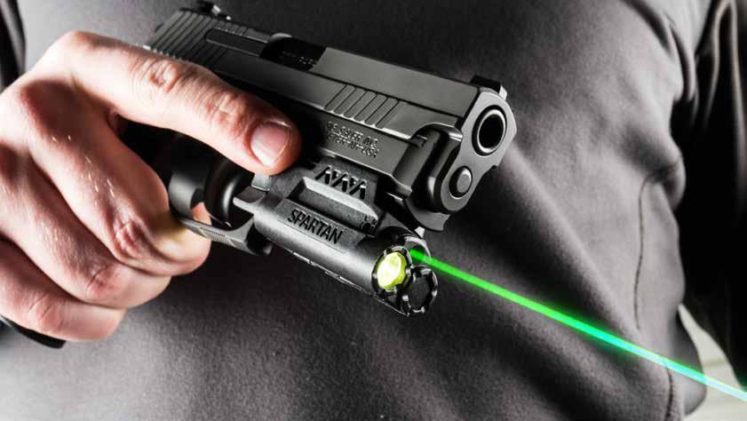 6 7 Spartan Light & Laser Rail Mounted Light & Lasers Illuminate your target with a 120 lumen mint green light Lasers come in vivid red or daytime green Exclusive LaserMax Rail Vise Technology will