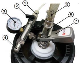 3) Let the product flow through the filling hose to purge all residual air, using the product fill-up valve (6).