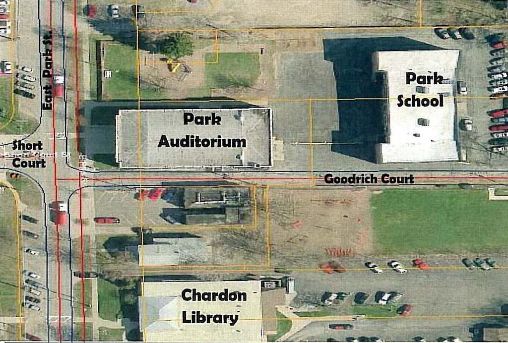 There is no crosswalk across North Street between the two schools. The other two driveways straddle Chardon Avenue. North Street has sidewalks on both sides.