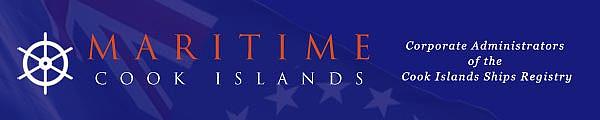 LOGO USEAGE Maritime Cook Islands Blue background with Cook Islands flag, Orange Maritime text and white Cook Islands tag line, Cook Islands and wheel top be used for Banners and Note pads