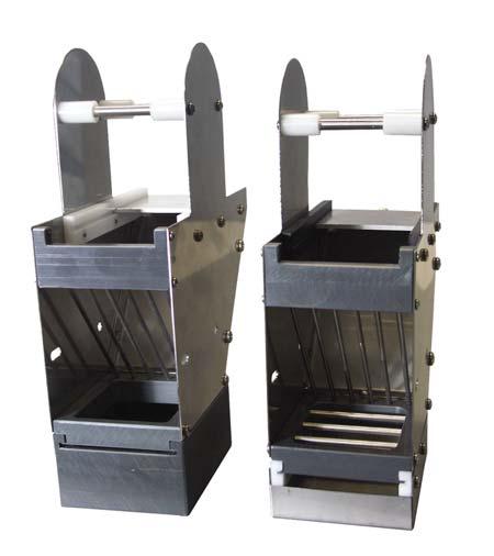 Figure 2.6 shows two types of upper food hoppers. One with the optional custom Crysco style food receptacle (ENV-200FCW-C) and the other with the standard food spillage catcher. Figure 2.