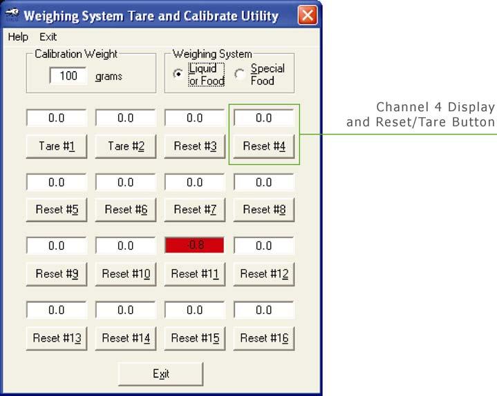 CHAPTER 3 Weighing System Tare and Calibrate Utility Weighing System Main Screen To run the Weighing System Tare and Calibrate Utility, open the Weighing System application.