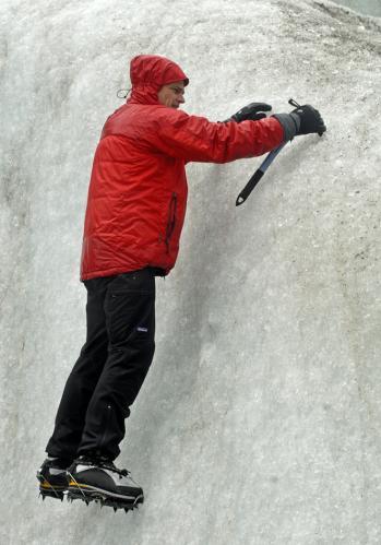 When the snow/ice becomes 45 degrees or more use front pointing combined with: Low and high dagger - The low dagger is a comfortable method for short stretches of steep hard snow/ice.