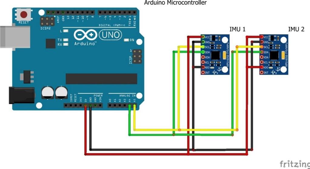 Figure 3.3 Arduino and two MPU6050 circuit The sensors outputs do not represent the accelerations and angular velocities in SI units.