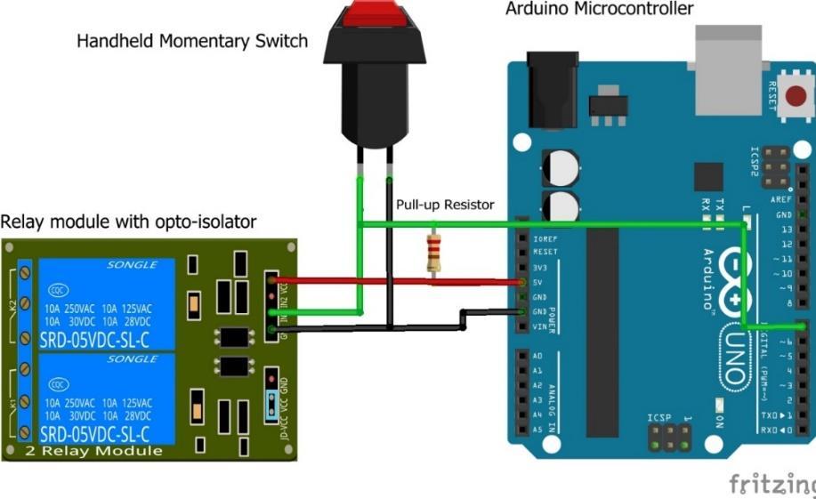 A relay module was utilized to switch the EMS on and off. The relay module was powered up through the microcontroller. A voltage divider was used to record the state of the switch (Figure 3.6).