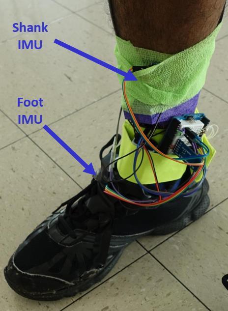 Figure 3.8 IMUs positions The FES unit was placed at the waist. One electrode was connected directly to a pad attached on top of the gastrocnemius muscle.