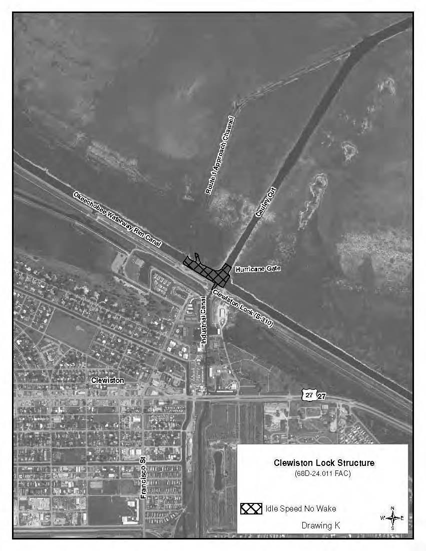 (k) Clewiston Lock Structure An Idle Speed No Wake boating restricted area from shoreline to shoreline, in and adjacent to the Okeechobee Waterway and Cauley Cut in the vicinity of Hurricane Gate and
