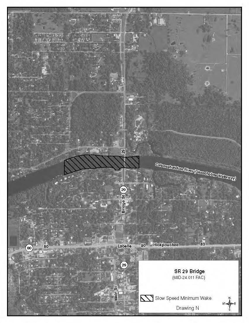 (n) SR 29 Bridge A Slow Speed Minimum Wake boating restricted area in the Caloosahatchee River (Okeechobee Waterway), from shoreline to shoreline from a line drawn parallel to and 500