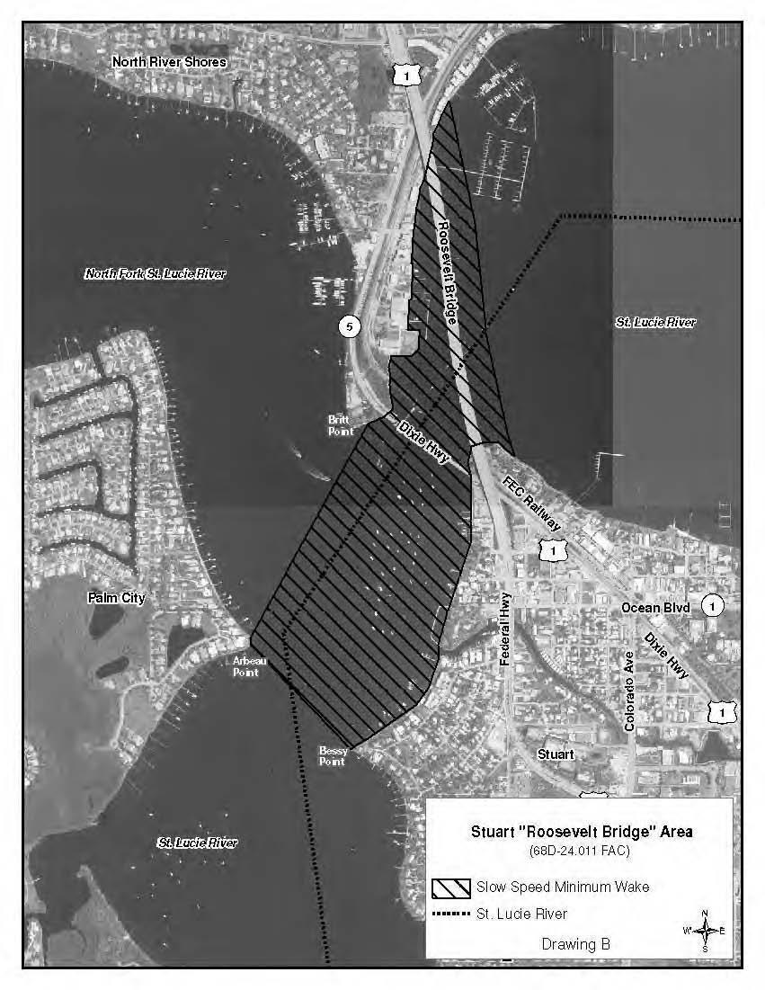 (b) Stuart Roosevelt Bridge Area A Slow Speed Minimum Wake boating restricted area from shoreline to shoreline, in and adjacent to the Okeechobee Waterway, bounded on the east by a line drawn