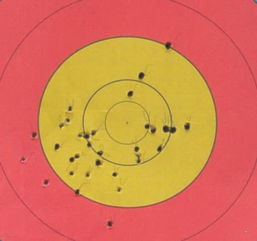 Figure 6 shows the arrow group at 3 m for one of the top archers in the Women s Recurve division. The group is obviously to the left. The archer s score was 347 of a possible 36 points.