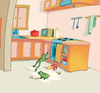 Hoppy 2 jumped on his homework and got it wet. Hoppy 3 spilled paint all over his desk. Hoppy 4 and Hoppy 5 liked to balance on the drawers.