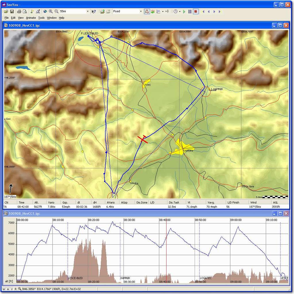Figure 1: Route + Barogram view I generally start analysis of a flight with this combined view to get a feel for the general characteristics of the flight, including off-course deviations, the