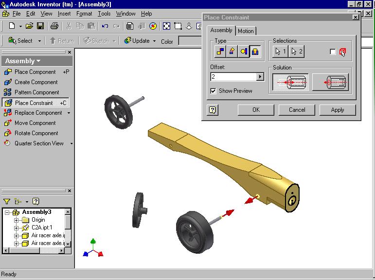 14. Do the same with the Rear wheel and the other Axle. 15. Next, use the Constraint tool and use the INSERT icon to install the wheel and axle assembly into the car body as shown in the Figure 5.