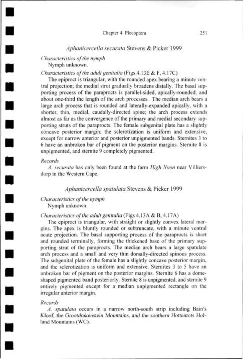 Chapter 4: Plecoptera 251 Aphanicercella securata Stevens & Picker 1999 Characteristics of the nymph Nymph unknown. Characteristics of the adult genitalia (Figs 4.13E & F, 4.