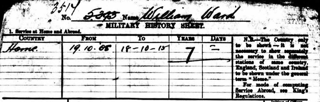 On 31 st December 1906 William joined 3 rd battalion West Riding Regiment (Private, no. 365), a territorial unit, signing on for a period of six years.