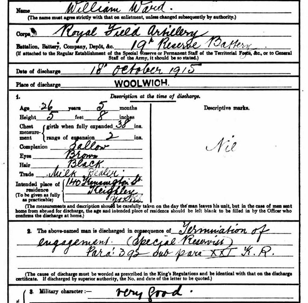Extract from William Ward s discharge papers from the RFA Used under licence from the National Archive Whether William rejoined the army at some point during the war is not known, although there a