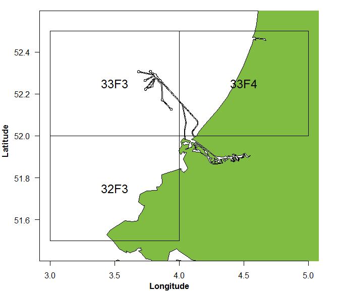 4. Results The area of interest and pipeline trajectories, as provided by Fugro, is shown in Figure 2. ICES rectangles are squares of 1 degree longitude by 0.