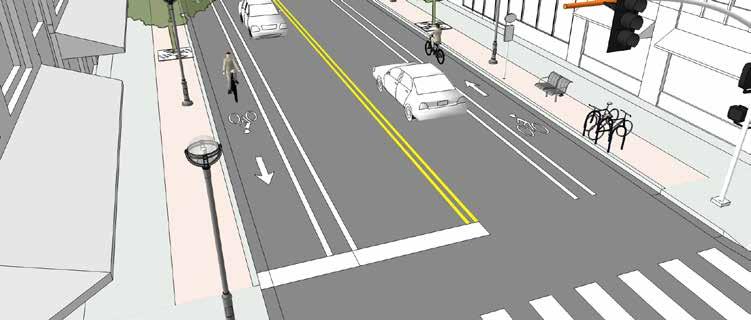[BUFFERED Bicycle lane] Bike Boxes: Consider using a bike box at intersections to give cyclists in the buffered bicycle lane additional protection.