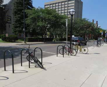 In Destination Commercial areas, there may be competing depends for use of the Amenity Zone (e.g. for cafe dining & outdoor retail) and bicycle parking should be located to keep those areas open.