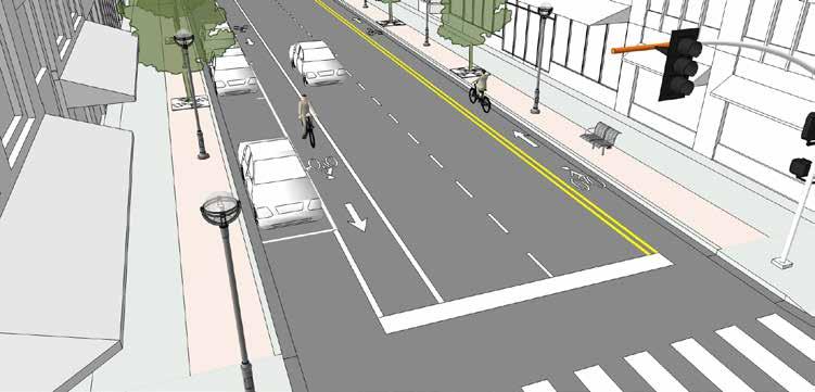 [Contra-flow bicycle lanes] Related Design Elements Bumpouts: Additional consideration is required where bicycle lanes intersect with bumpouts, both at corners and mid-block.