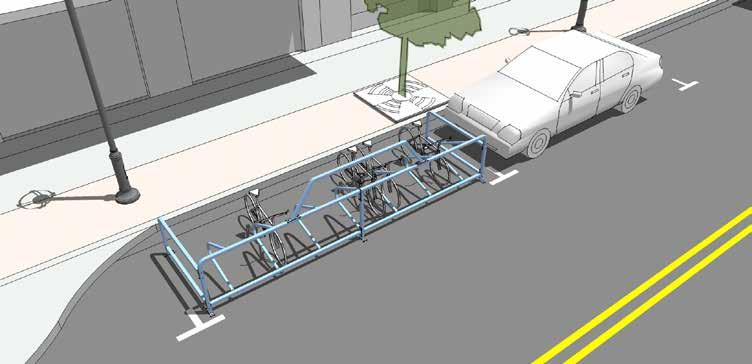 [Bike corral] Related Design Elements Bicycle Lanes: Bicycle parking complements bicycle travel facilities and should be amply located along bicycle routes and facilities proximate to major
