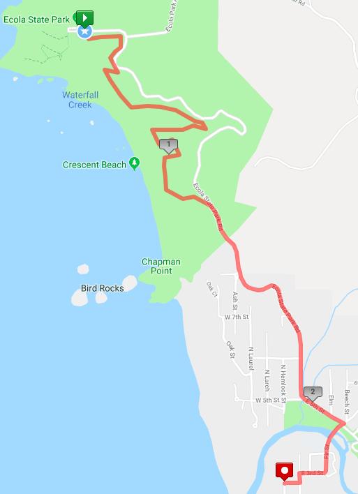 Drive to Leg 12 Start: 0.0 mi Head back out of parking area. 1.5 Right on Ecola State Park Rd. 1.6 Parking and restrooms here. Runner s trail starts to the left of the restrooms. The first 1.