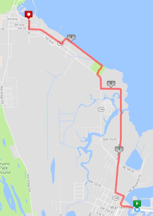 Leg 3 3.8 miles - Gain 53 ft, Loss 47 ft Exchange 2: Warrenton Boat Basin Exchange 3: East end of the Hammond Marina, 2 blocks north of the intersection Iredale St. and 5th Ave.