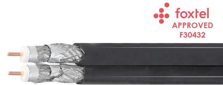 75Ω RG6 QUAD-SHIELDED COAX CABLE SIAMESE FOXTEL APPROVED F30432 Premium quality pay tv approved RG6 Quad shielded coax cable with 0.86mm thick outer PVC jacket. 1.
