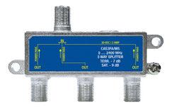 2 WAY F-TYPE SPLITTER 5-2400MHz FOXTEL FOXTEL APPROVED F30984 The CAS2FA/MS 2 way splitter is designed for the entire terrestrial connectors. Foxtel Approved F30984. Power pass all ports.