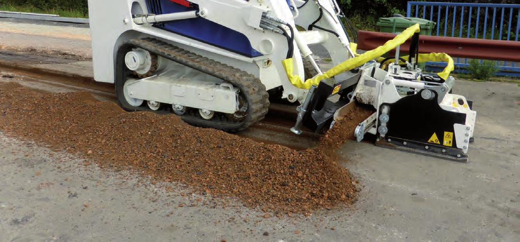 Conveyor belt - the trench is cleared and the material is discharged to the side Fine milling - multi-teeth drum for surface texturing or removal of road surface marking.