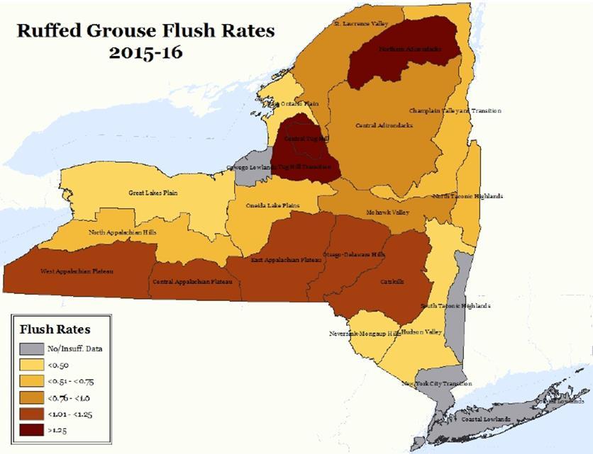 Figure 8. Ruffed Grouse flush rate (grouse flushed/hour) by Wildlife Management Unit (WMU) aggregate from the Cooperator Ruffed Grouse & American Woodcock Hunting Log, 2015-16.