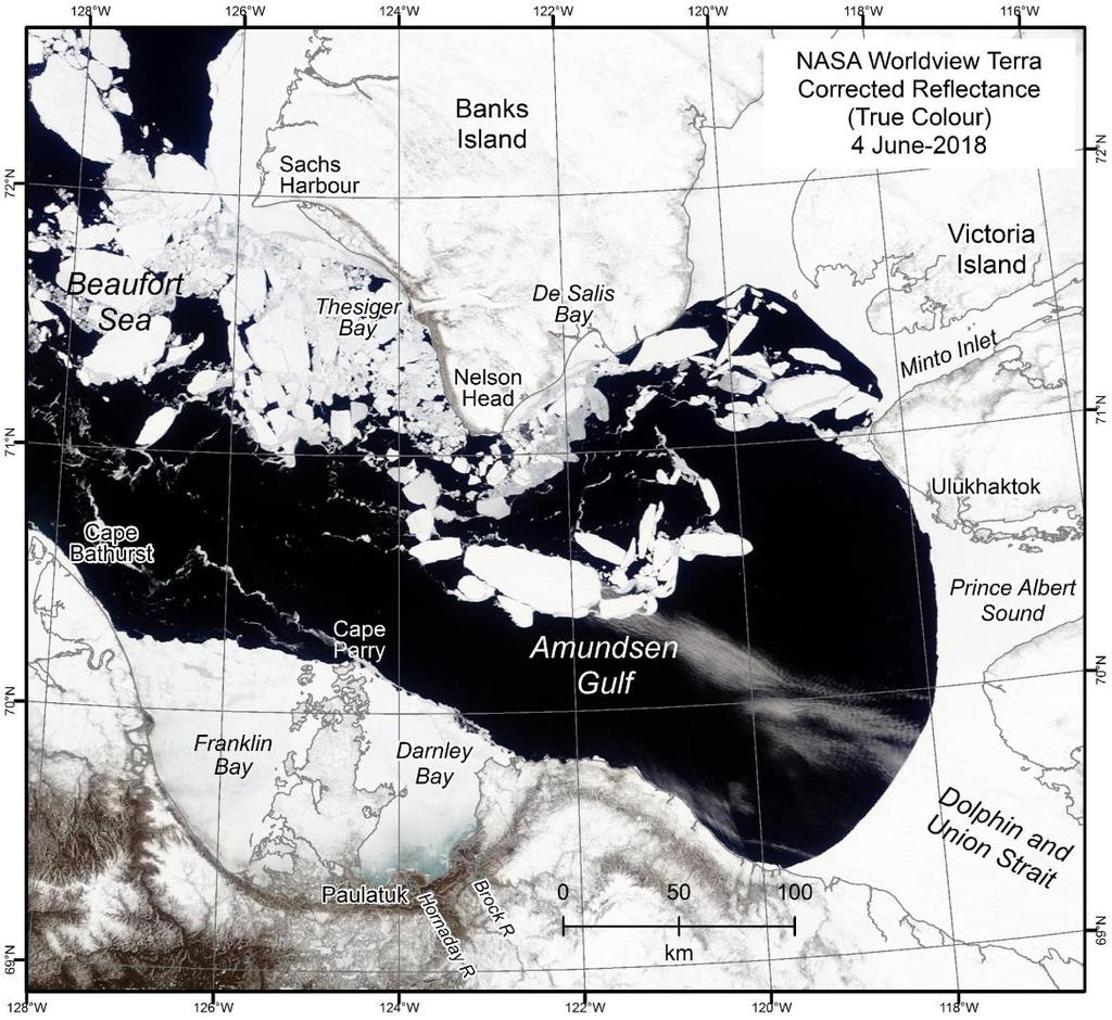 Figure 5. NASA Worldview Corrected Reflectance from the Terra satellite for 4 June 2018, showing the northern Amundsen Gulf with landfast ice still present at Sachs Harbour, Ulukhaktok, and Paulatuk.