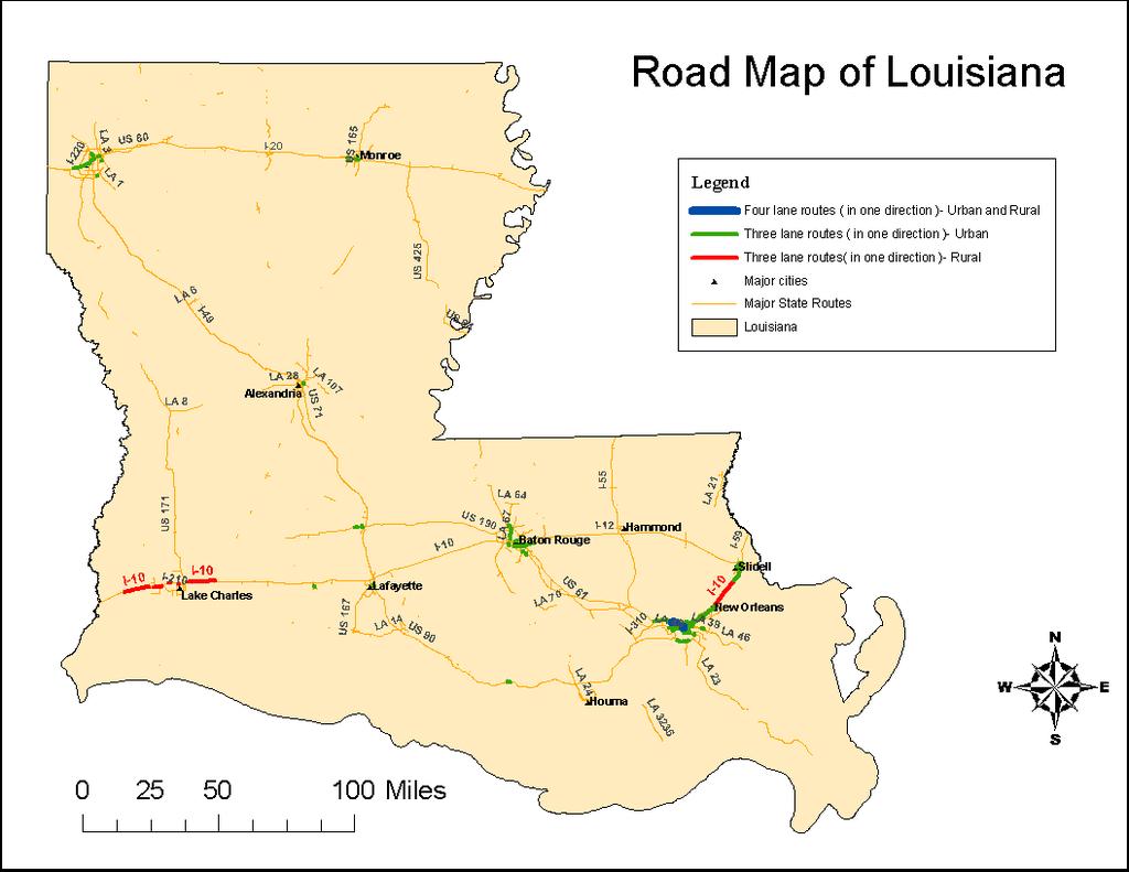 Figure 10 Routes in Louisiana with more than two lanes in each direction (Note: Only red sections
