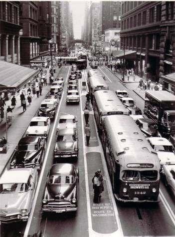 First exclusive bus lane on Washington in 1939 BRT in Chicago Jeffery Blvd.