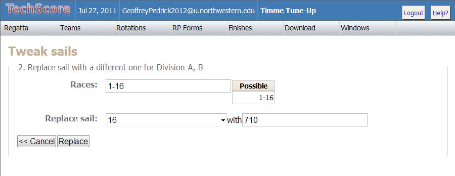 Under the Rotations dropdown, you can select Tweak Sails which brings you to the page shown in Fig. 9. In the dropdown on that page, select Replace sail with a different one.