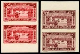 425 P Lebanon: French Mandate, Air mail, 1936, 10p Franco Leb a nese Treaty, im per fo rate trial color, pair, with un usual dou ble print ing in the cor ner tab
