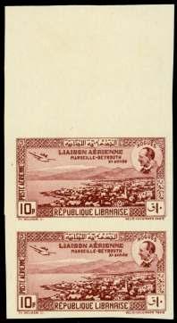ASIA, MIDDLE EAST AND AFRICA 427 Lebanon: French Mandate, Air mail, 1938, 10p Nogues, im per fo rate (C79 var.), ver ti cal pair with sel - vage at top, o.g., never hinged, Very Fine. SG 242 var.