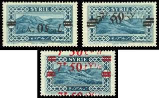 ASIA, MIDDLE EAST AND AFRICA 458 Syria: French Man date, 1926-28, 7p50c on 2p50c, three sur charge va ri et ies (194 vars.