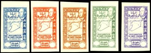 Estimate $300-400 459 P Syria: French Man date, 1943, Pres i dent Hassani Is sue, im per fo rate die proofs (288-292 vars.