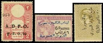 Estimate $400-600 465 466 465 Syria: French Man date, Mil i tary Stamp, 1942, Free French, 50c on 4p yel low or ange, in verted sur - charge (M1 var.), Very Fine. SG 1a; 900 ($1,380).
