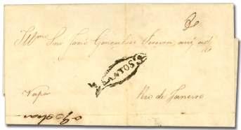 LATIN AMERICA BRAZIL 492 Brazil, 1842, folded let ter to Rio de Ja neiro with Santos fish dec o ra tive post mark, manu script va por, mean ing trans